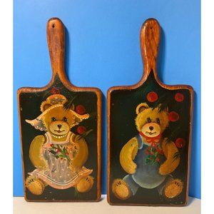 Tole Hand Painting on Wood Bears Artist Signed Wall Hanging Set of 2 Vintage